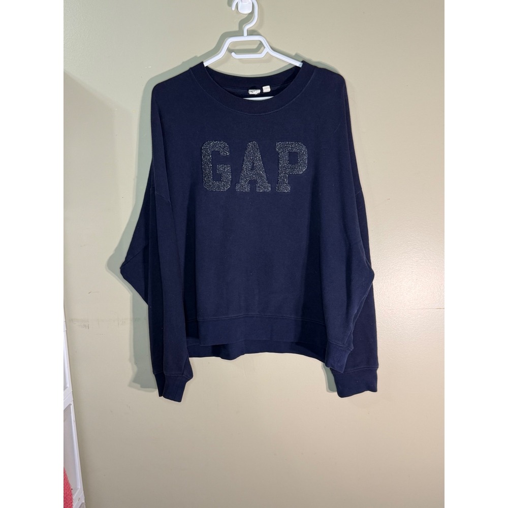 Gap Shine Relaxed Pullover Sweatshirt Navy Blue Glitter Logo L 649707-00